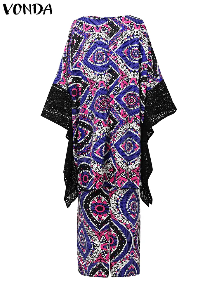 VONDA Plus Size 5XL Summer Bohemian Dress Sets 2025 Women Lace Pacthwork Long Top Maxi Dress Printed Suits Outfits Casual Sets