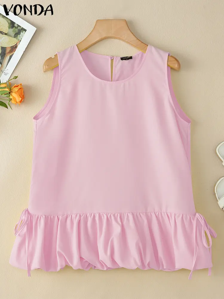 VONDA Summer Korean Tank Tops 2025 Women Casual Sleeveless Tunic Tees Loose Ruffled Shirts Fashion Solid Color Blusas Femininas