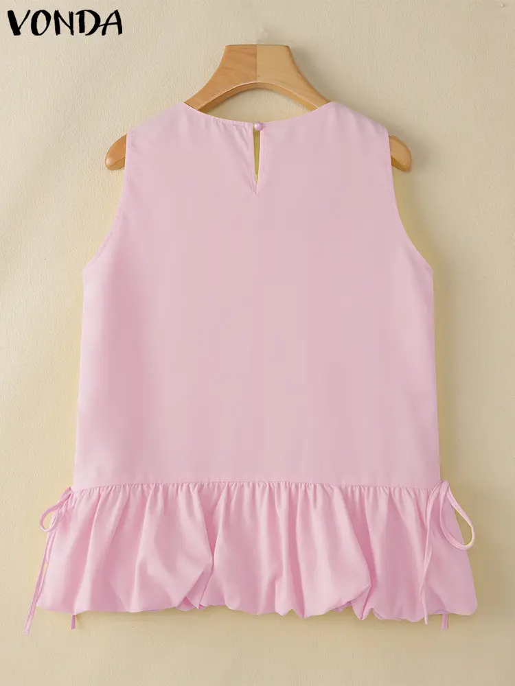 VONDA Summer Korean Tank Tops 2025 Women Casual Sleeveless Tunic Tees Loose Ruffled Shirts Fashion Solid Color Blusas Femininas