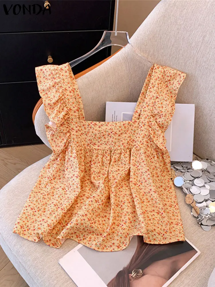 VONDA Summer Tees Tank 2025 Bohemian Printed Blouse Women Vintage Square Neck Shirts Female Camis Casual Beach Blusas Oversized