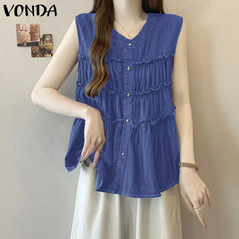 VONDA Women Ruffled Tank Tops Summer Tees 2025 Fashion Sleeveless Round Neck Solid Color Shirts Denim Tanks Casual Loose Shirts