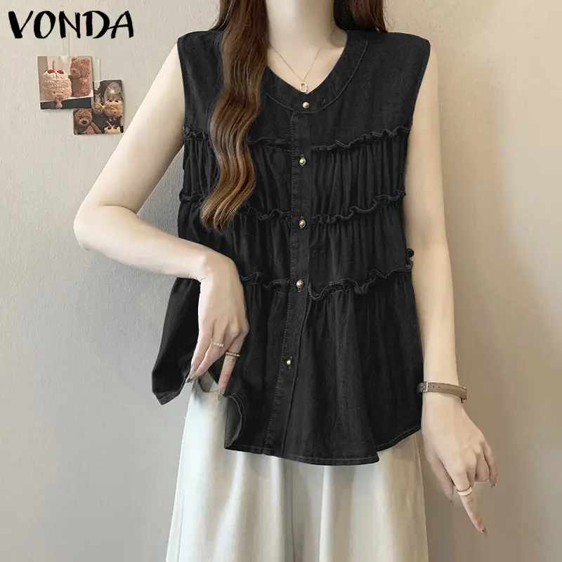 VONDA Women Ruffled Tank Tops Summer Tees 2025 Fashion Sleeveless Round Neck Solid Color Shirts Denim Tanks Casual Loose Shirts