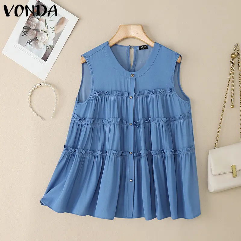 VONDA Women Ruffled Tank Tops Summer Tees 2025 Fashion Sleeveless Round Neck Solid Color Shirts Denim Tanks Casual Loose Shirts