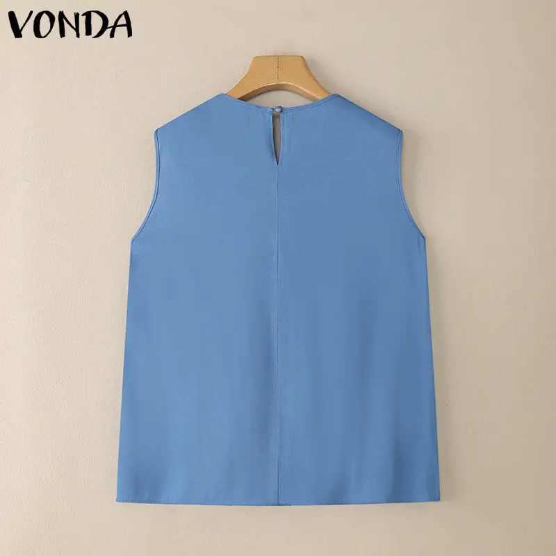 VONDA Women Ruffled Tank Tops Summer Tees 2025 Fashion Sleeveless Round Neck Solid Color Shirts Denim Tanks Casual Loose Shirts