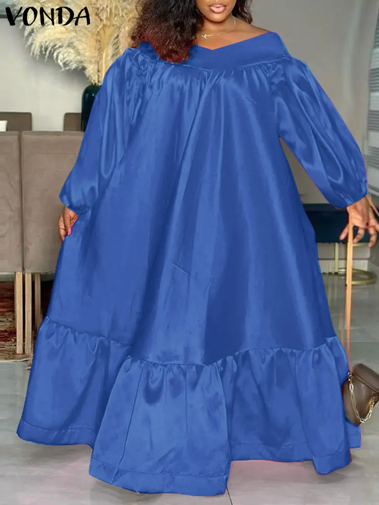 VONDA Off Shoulder Dress Women Long Sleeve Ruffle Satin Maxi Dress 2025 Summer Solid Color Vestidos Casual Bohemian V-Neck Robe
