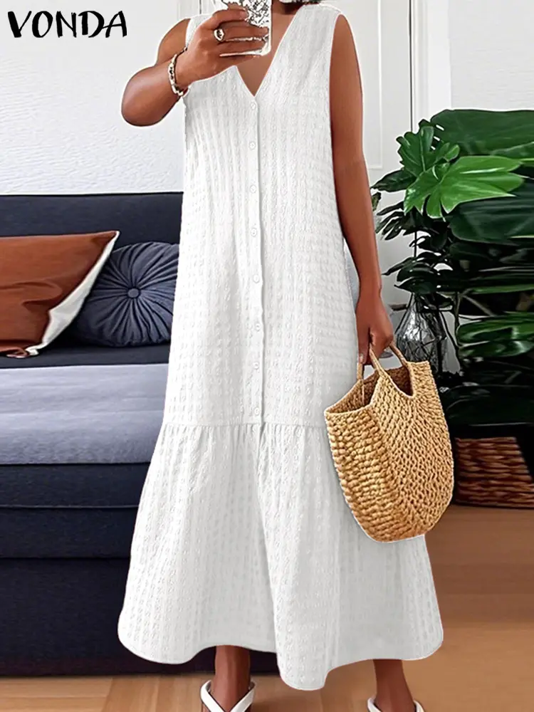 VONDA Plus Size 5XL Women Summer Maxi Dress Sleeveless Long Sundress Casual Solid Color Tank Robe V-Neck Party Beach Vestidos