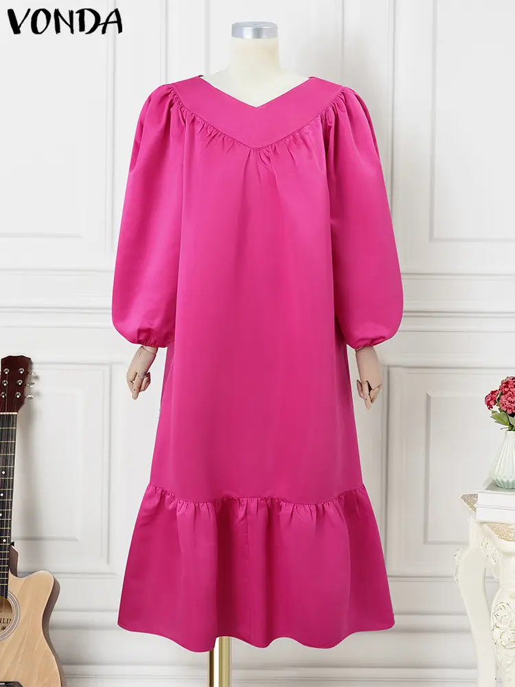 VONDA Off Shoulder Dress Women Long Sleeve Ruffle Satin Maxi Dress 2025 Summer Solid Color Vestidos Casual Bohemian V-Neck Robe