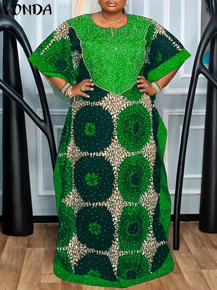 Plus Size 5XL VONDA Summer Sundress Women Bohemian Long Maxi Dress Patchwork Printed Party Vestidos Bat Sleeve Casual Loose Robe