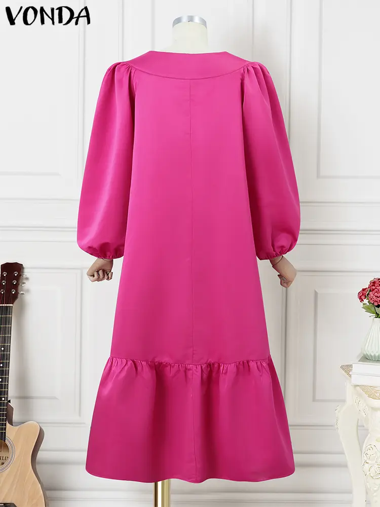 VONDA Off Shoulder Dress Women Long Sleeve Ruffle Satin Maxi Dress 2025 Summer Solid Color Vestidos Casual Bohemian V-Neck Robe