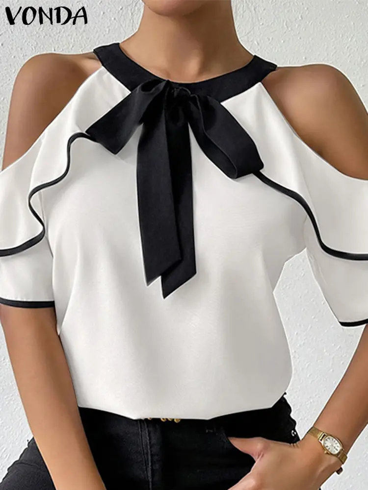 Plus Size 5XL VONDA 2025 Summer Women Chiffon Blouse Elegant Cold Shoulder Tops Patchwork Lace-Up Blusas Casual Ruffled Tunics