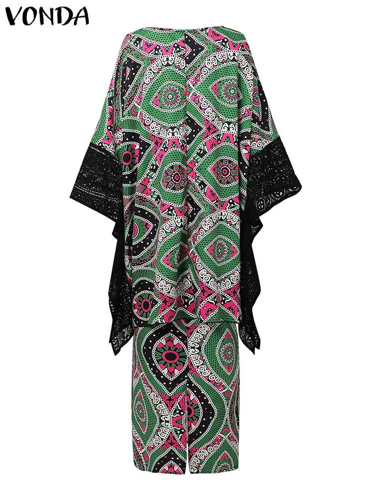 VONDA Summer Bohemian Dress Sets 2025 Women Lace Pacthwork Long Top Printed Suits Party Outfits Casual Loose Matching Sets 2PCS