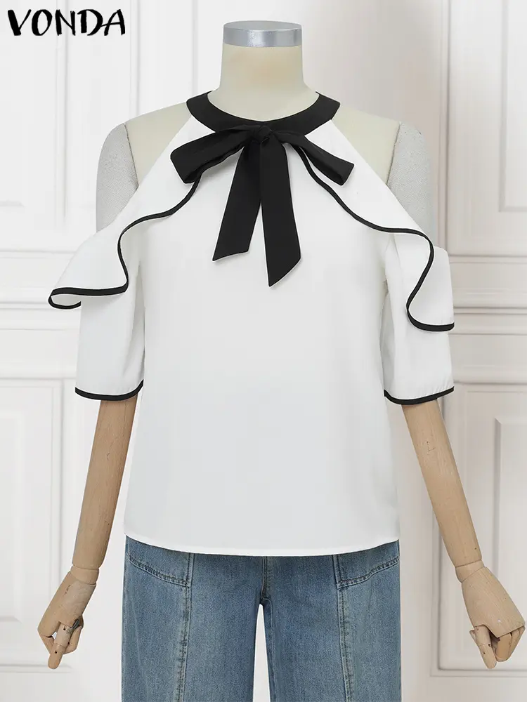 Plus Size 5XL VONDA 2025 Summer Women Chiffon Blouse Elegant Cold Shoulder Tops Patchwork Lace-Up Blusas Casual Ruffled Tunics