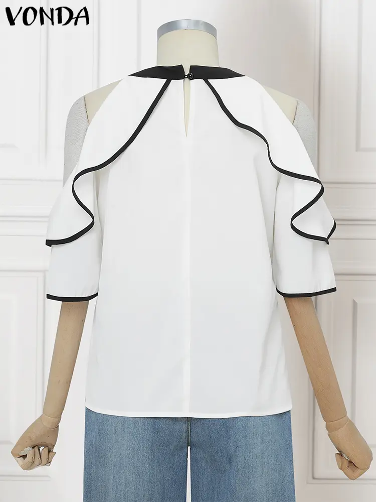 Plus Size 5XL VONDA 2025 Summer Women Chiffon Blouse Elegant Cold Shoulder Tops Patchwork Lace-Up Blusas Casual Ruffled Tunics