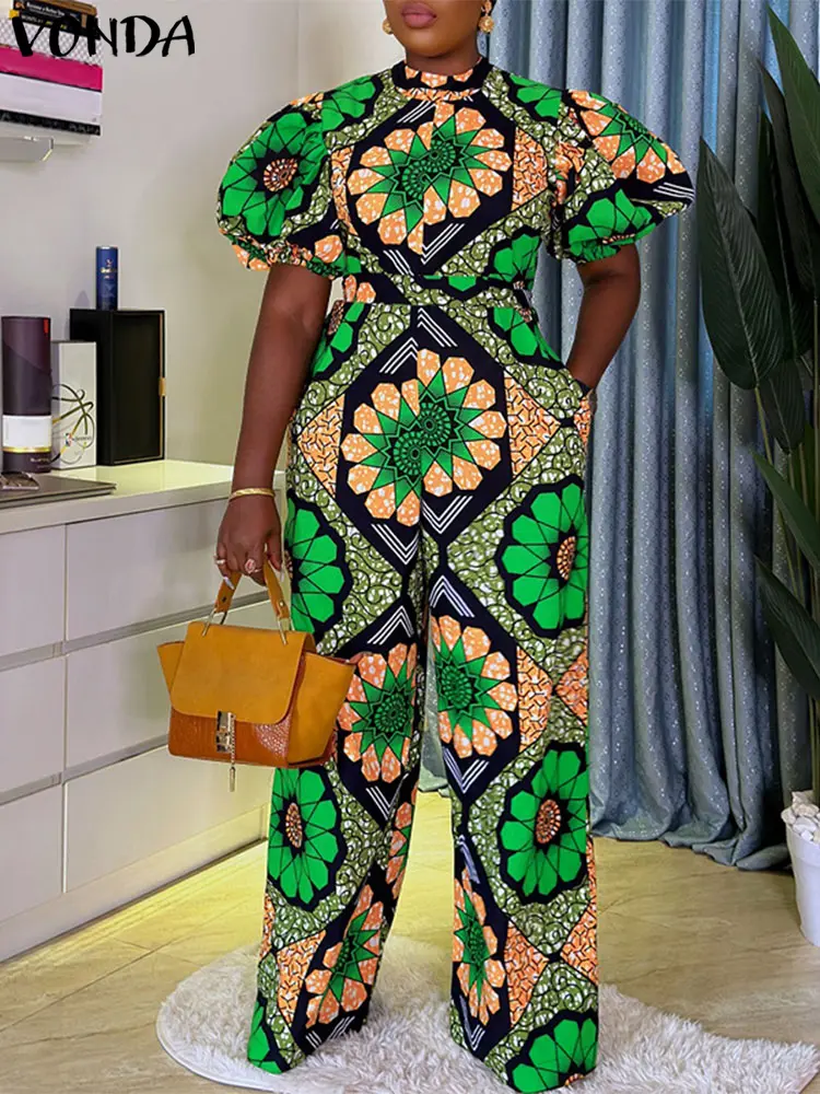 VONDA Plus Size Long Jumpsuits Women Summer Short Sleeve Bohemian Print Playsuits 2025 Stand Collar High Waist Casual Overalls