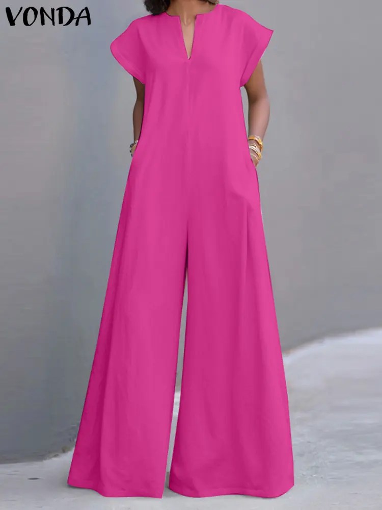 Plus Size 5XL VONDA Elegant Long Jumpsuits Women Summer Short Sleeve Romper 2025 Fashion V-Neck Loose Solid Color Wide Leg Pants