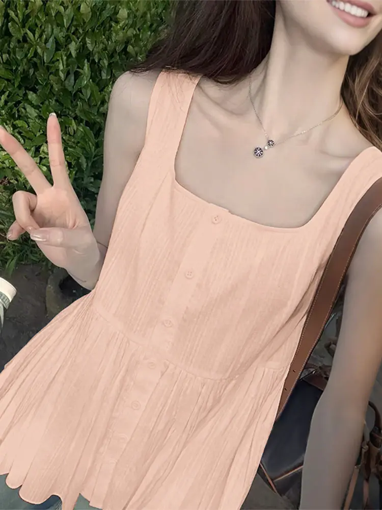 VONDA Women Cotton Tanks 2025 Summer Solid Color Tops Casual Square Neck Sleeveless Shirts Buttons Loose Blusas Tunics Female