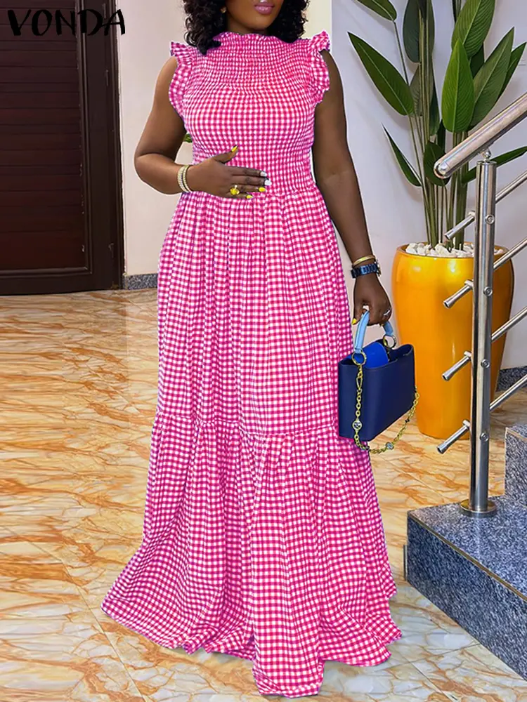 Plus Size VONDA Summer Plaid Maxi Dress Women Pleated Long Sundress Elegant Sleeveless Party Vestido Waisted Casual Ruffled Robe