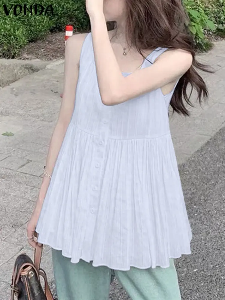 VONDA Women Cotton Tanks 2025 Summer Solid Color Tops Casual Square Neck Sleeveless Shirts Buttons Loose Blusas Tunics Female