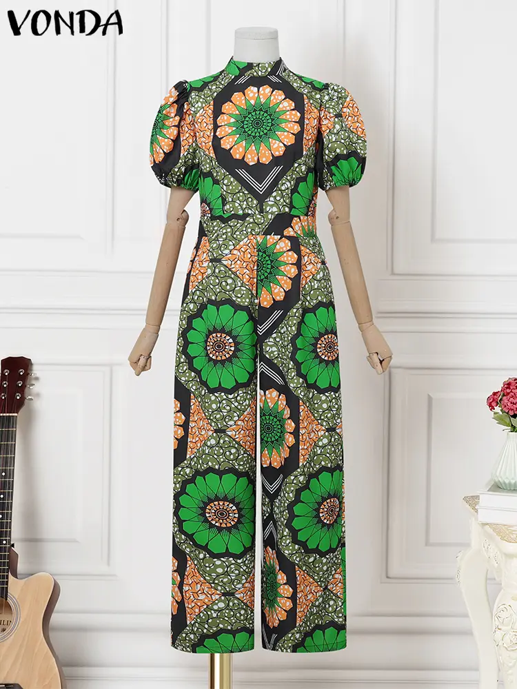 VONDA Plus Size Long Jumpsuits Women Summer Short Sleeve Bohemian Print Playsuits 2025 Stand Collar High Waist Casual Overalls