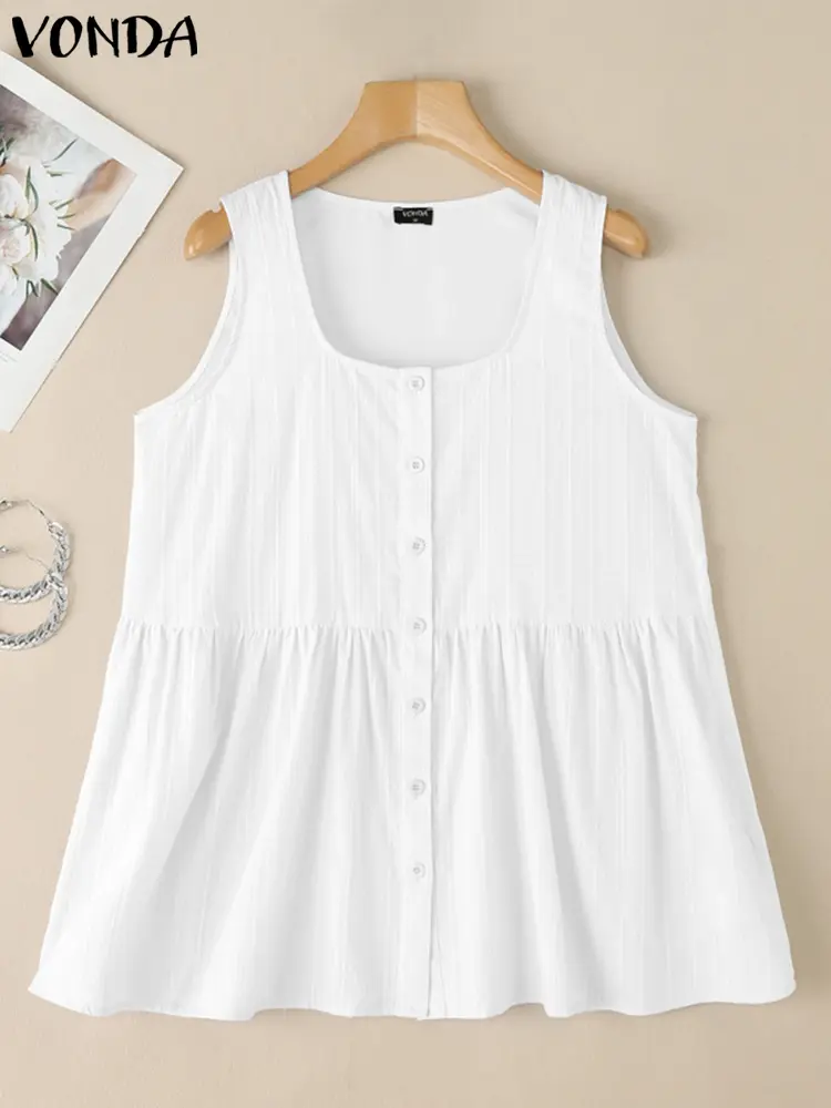 VONDA Women Cotton Tanks 2025 Summer Solid Color Tops Casual Square Neck Sleeveless Shirts Buttons Loose Blusas Tunics Female