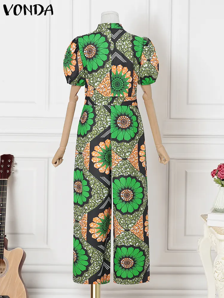 VONDA Plus Size Long Jumpsuits Women Summer Short Sleeve Bohemian Print Playsuits 2025 Stand Collar High Waist Casual Overalls
