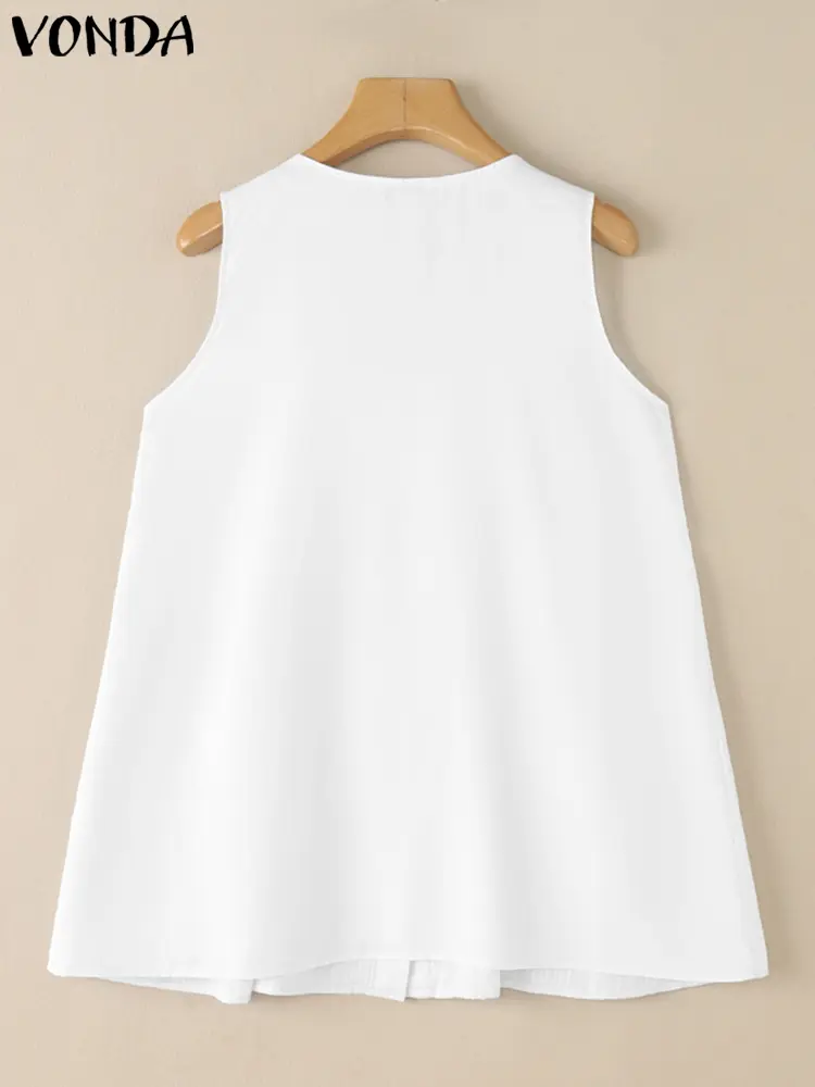 VONDA Women Cotton Tanks 2025 Summer Solid Color Tops Casual Square Neck Sleeveless Shirts Buttons Loose Blusas Tunics Female