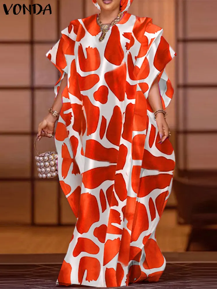 2025 VONDA Women Dress Ruffled Sundress Bohemian Printed Maxi Long Dress Casual Short Sleeve Robe Loose Oversized Party Vestidos