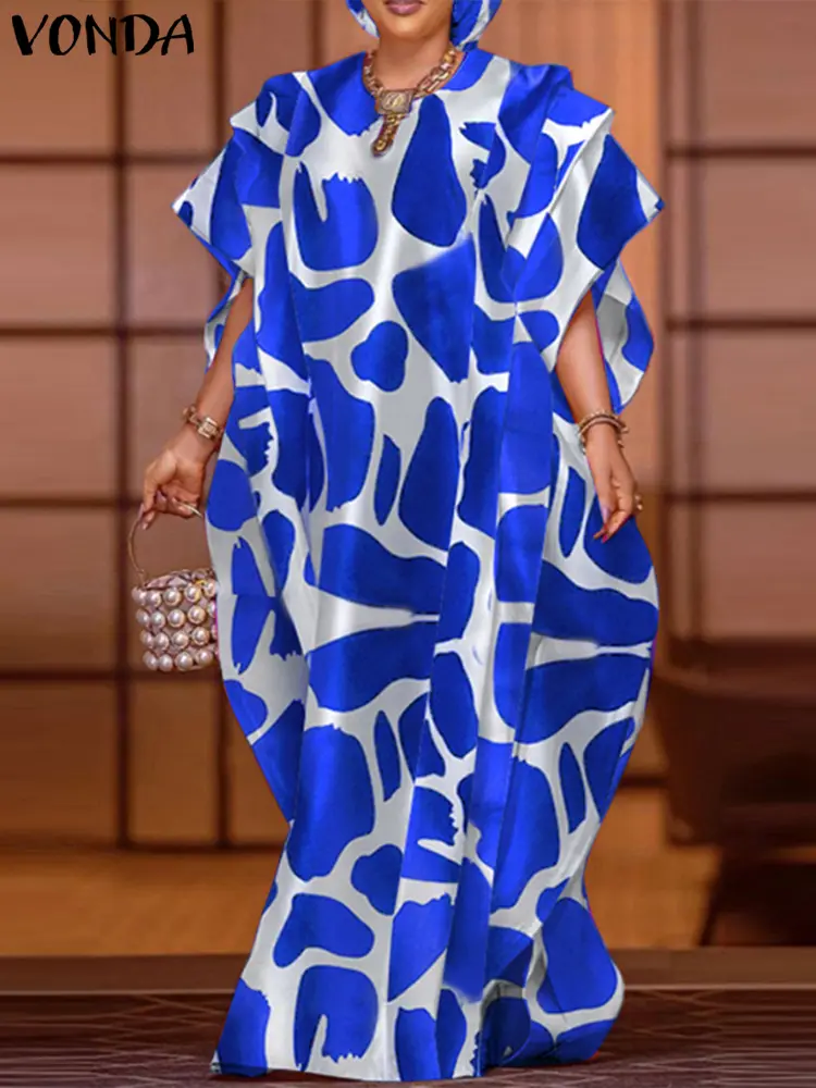 2025 VONDA Women Dress Ruffled Sundress Bohemian Printed Maxi Long Dress Casual Short Sleeve Robe Loose Oversized Party Vestidos
