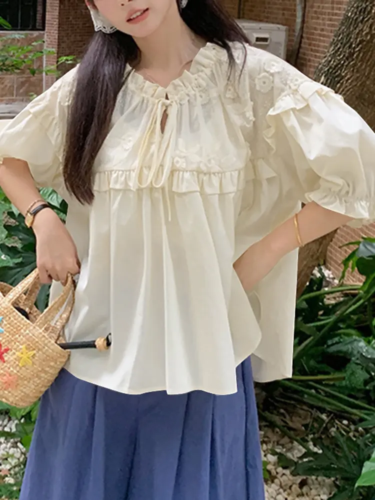Summer Half Sleeve Tops Tee Vintage VONDA Women Blouse Solid Floral Embroidery Patchwork Blouse OL Work Blusas Streetwear Tunic