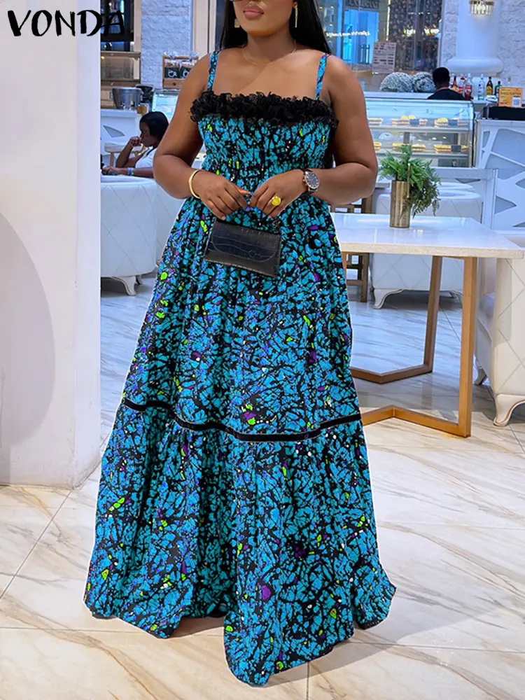 Plus Size 5XL VONDA Bohemian Printed Dress Summer Women Strap Evening Lace Patchwork Party Sundress Casual Vestidos Pleated Robe