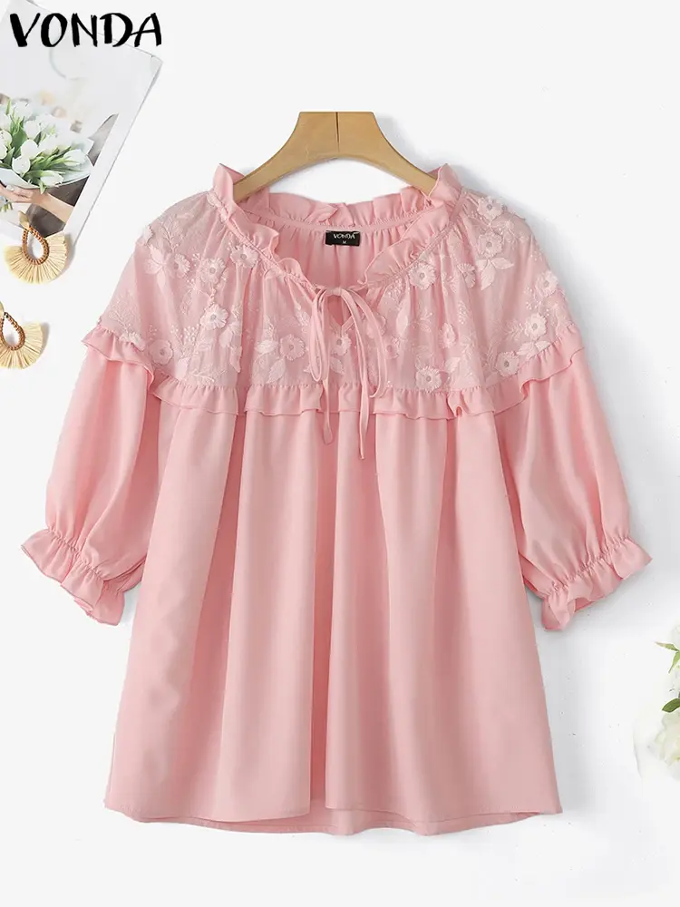 Summer Half Sleeve Tops Tee Vintage VONDA Women Blouse Solid Floral Embroidery Patchwork Blouse OL Work Blusas Streetwear Tunic