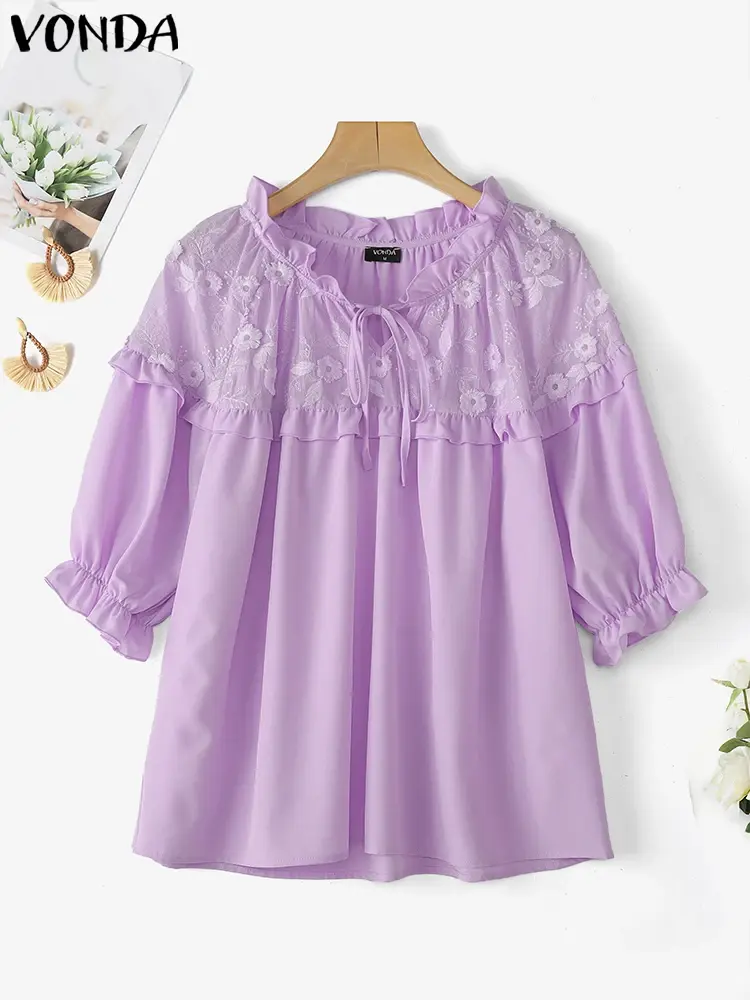 Summer Half Sleeve Tops Tee Vintage VONDA Women Blouse Solid Floral Embroidery Patchwork Blouse OL Work Blusas Streetwear Tunic