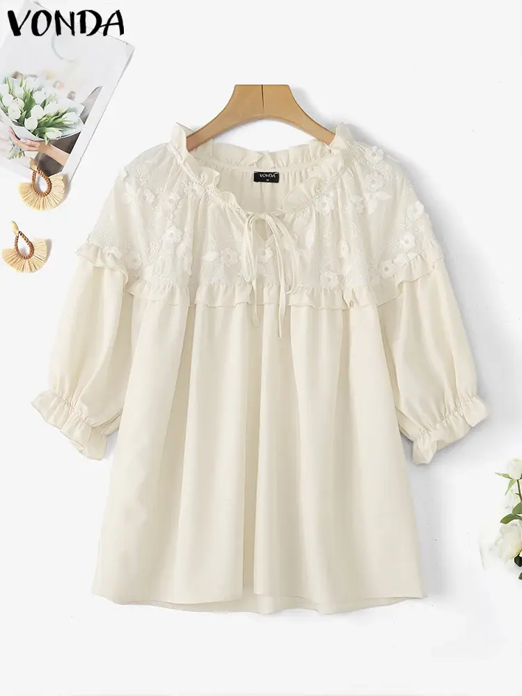 Summer Half Sleeve Tops Tee Vintage VONDA Women Blouse Solid Floral Embroidery Patchwork Blouse OL Work Blusas Streetwear Tunic
