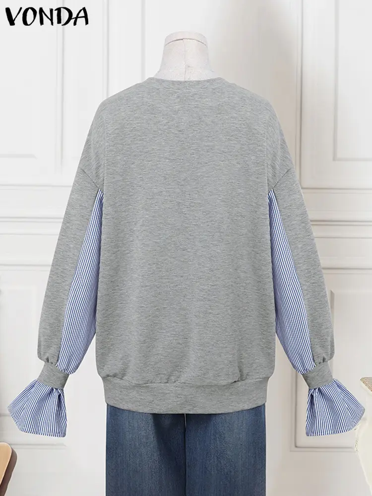 VONDA Women Stripe Patchwork Blouse Causal Flare Long Sleeve Sweatshirts 2024 Simple Elegant Fashion Hoodies Loose Sweatshirts