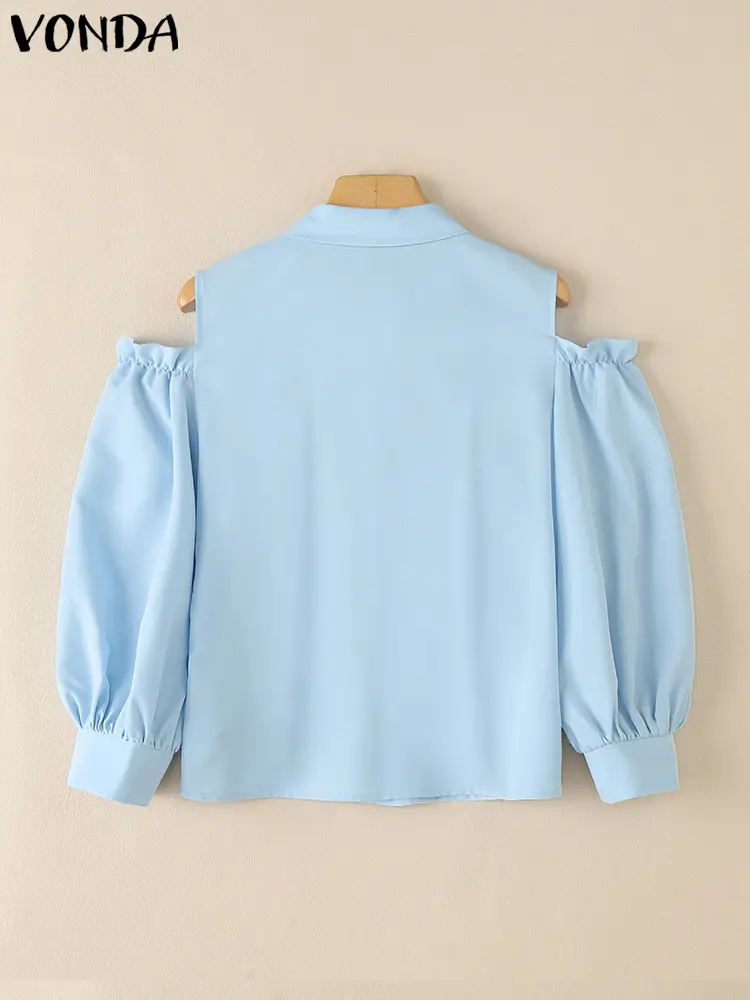 Plus Size 5XL VONDA Fashion Shirt 2025 Summer Women Elegant OL Blouse Casual Solid Tunic Top Cold Shoulder Lantern Sleeve Blusas