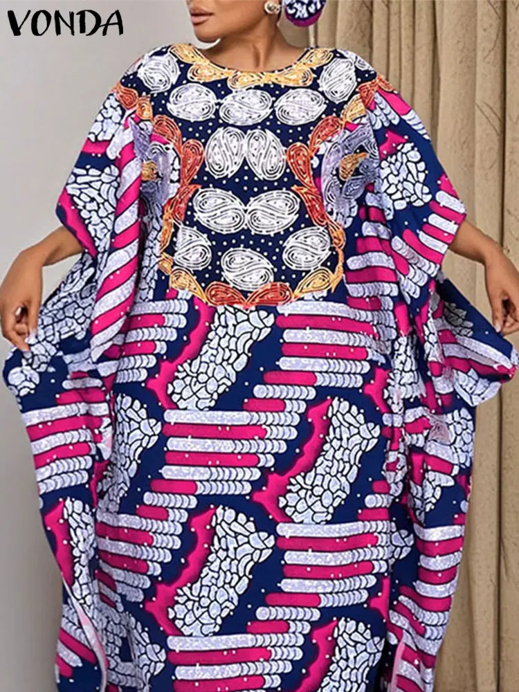 VONDA Plus Size 5XL Bohemian Long Dress Women Printed Vintage Maxi Vestidos Summer Half Bat Sleeve Casual Loose Robe Sundress