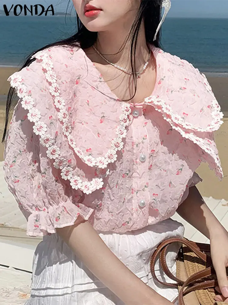 VONDA Floral Print Women Shirt Summer Short Sleeve Tops Fashion Lace Patchwork Blusas Streetwear Tops Tee Tunic Oversize