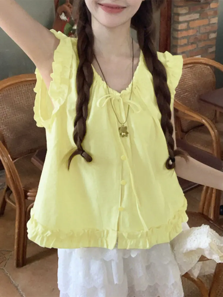 VONDA Summer Ruffled Tops Women Solid Tanks 2025 Casual Sleeveless Beach Wear Fashion Lace-Up V Neck Tees Holiday Camis Oversize