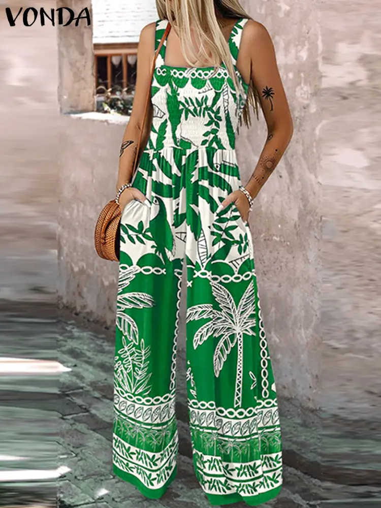 Plus Size VONDA Long Jumpsuits Women Summer Straps Pockets Floral Print Bohemian Rompers Vintage Beach Overalls Loose Playsuits