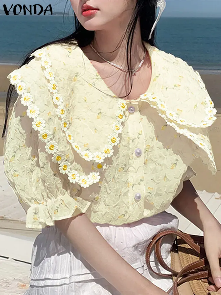 VONDA Floral Print Women Shirt Summer Short Sleeve Tops Fashion Lace Patchwork Blusas Streetwear Tops Tee Tunic Oversize