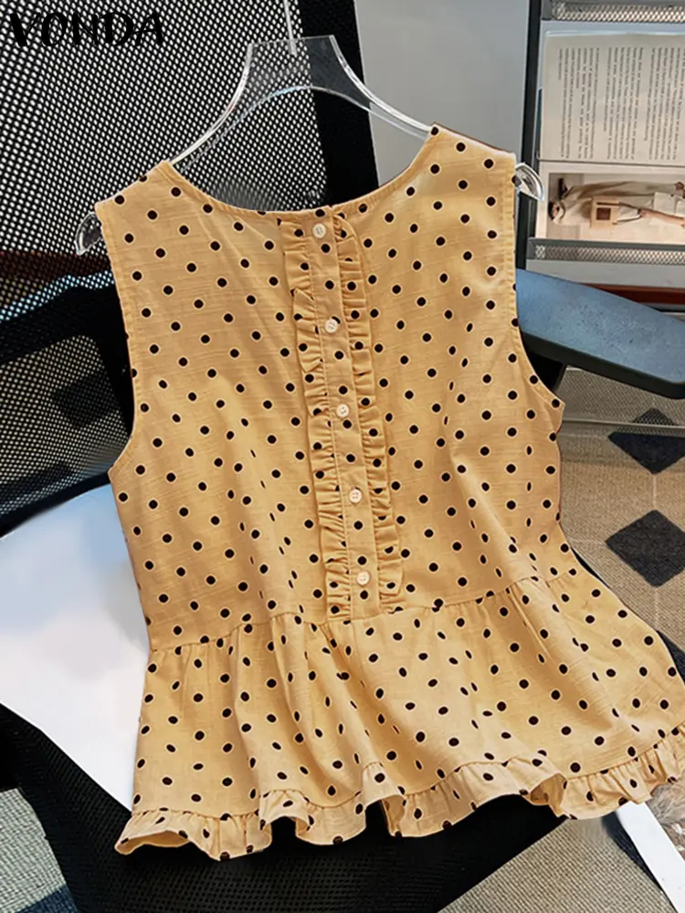 VONDA Women Sexy Sleeveless Tank Tops 2025 Summer Tees Bohemian Polka Dot Ruffled Tops Casual Loose Oversize Holiday Beach Camis