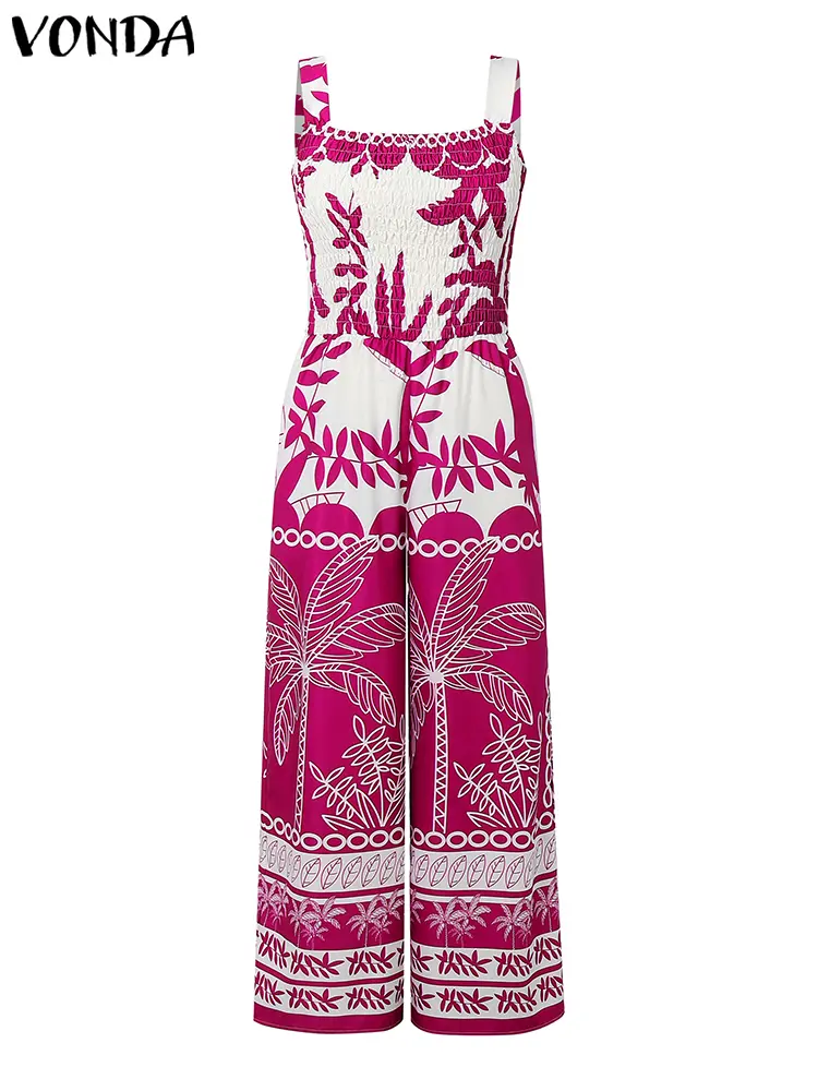 Plus Size VONDA Long Jumpsuits Women Summer Straps Pockets Floral Print Bohemian Rompers Vintage Beach Overalls Loose Playsuits
