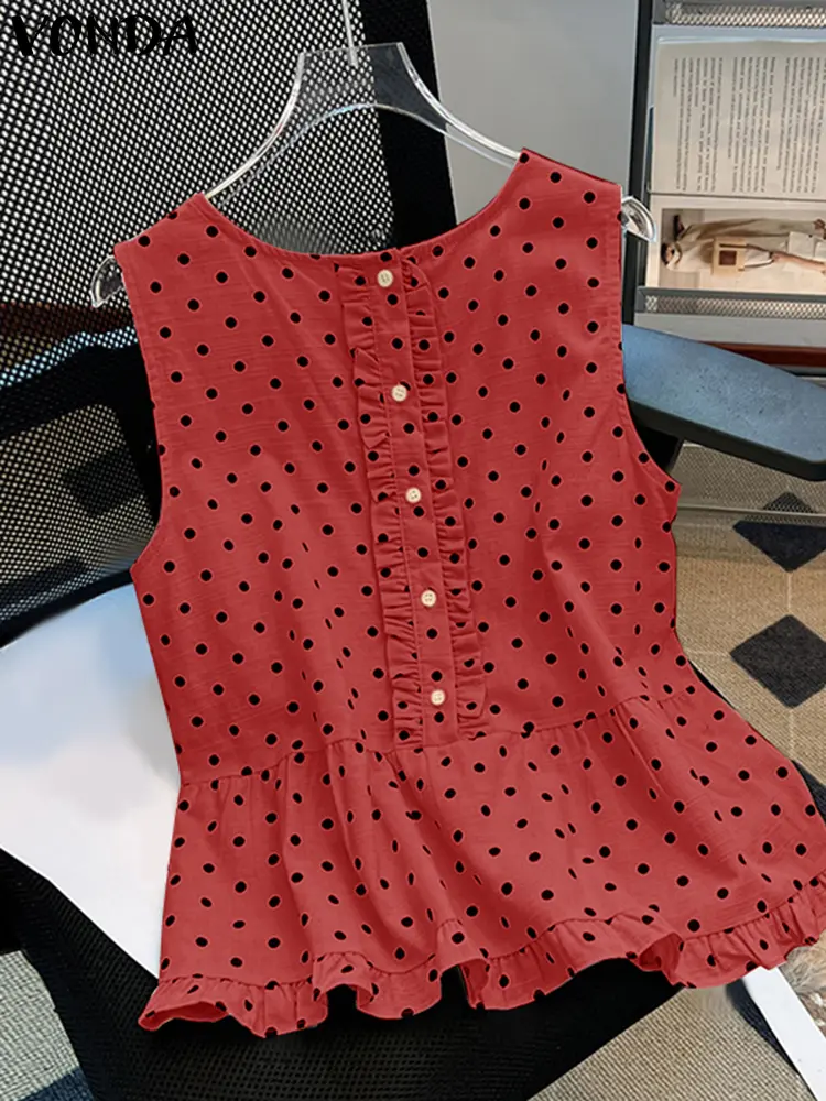 VONDA Women Sexy Sleeveless Tank Tops 2025 Summer Tees Bohemian Polka Dot Ruffled Tops Casual Loose Oversize Holiday Beach Camis