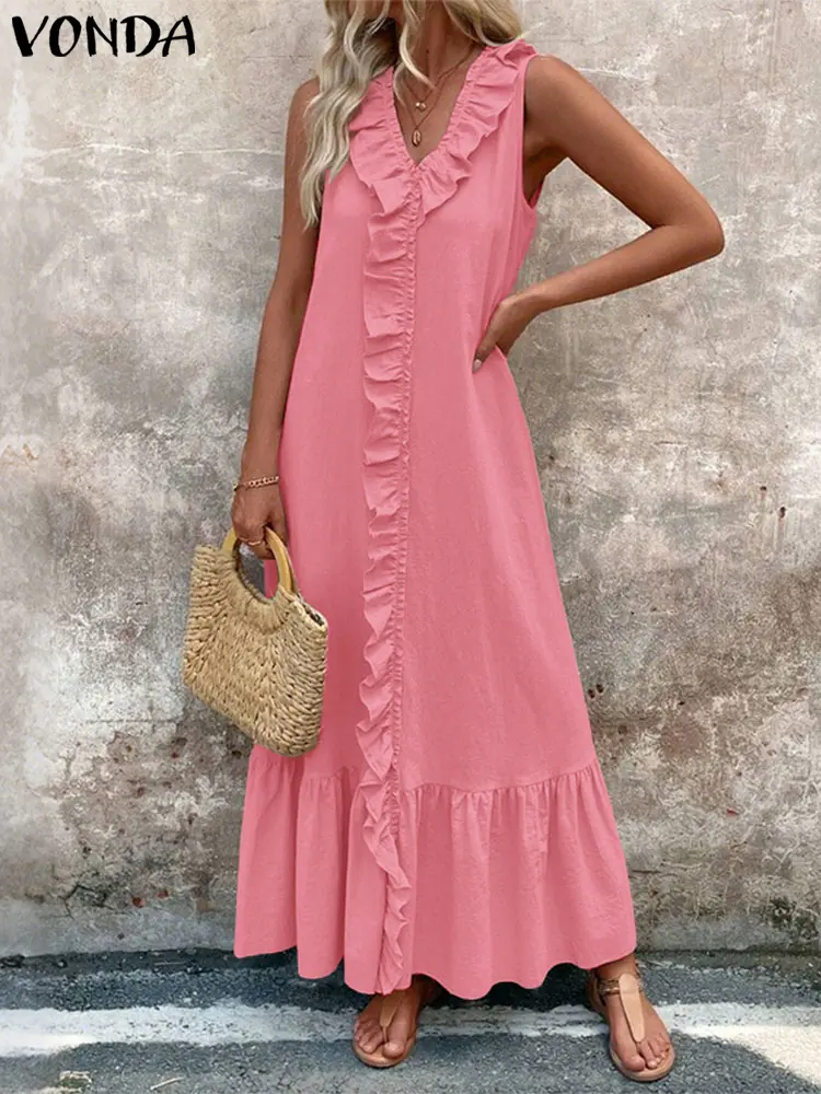 Plus Size 5XL VONDA Summer Long Dress Women Sleeveless Sexy Ruffled Maxi Vestidos V-Neck Casual Solid Color Beach Tank Sundress