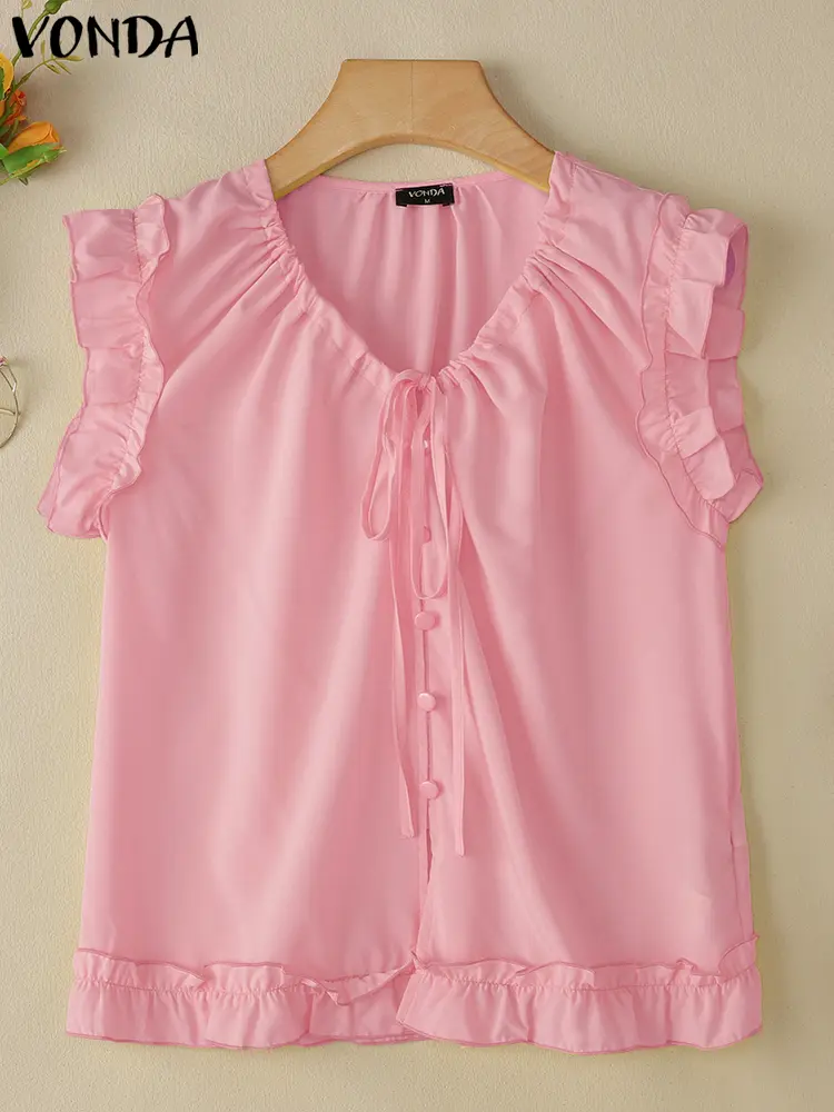 VONDA Summer Ruffled Tops Women Solid Tanks 2025 Casual Sleeveless Beach Wear Fashion Lace-Up V Neck Tees Holiday Camis Oversize
