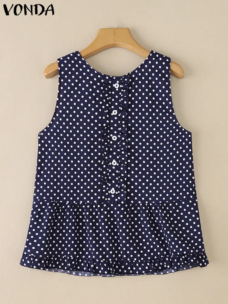 VONDA Women Sexy Sleeveless Tank Tops 2025 Summer Tees Bohemian Polka Dot Ruffled Tops Casual Loose Oversize Holiday Beach Camis