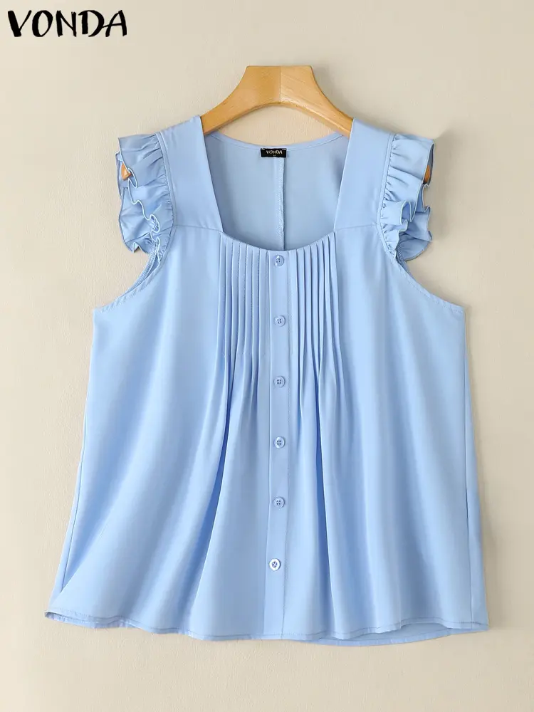 VONDA 2025 Summer Tank Tops Women Fashion Solid Color Blusas Sleeveless Tees Casual Buttons Tunics Pleated Loose Blouses Femme