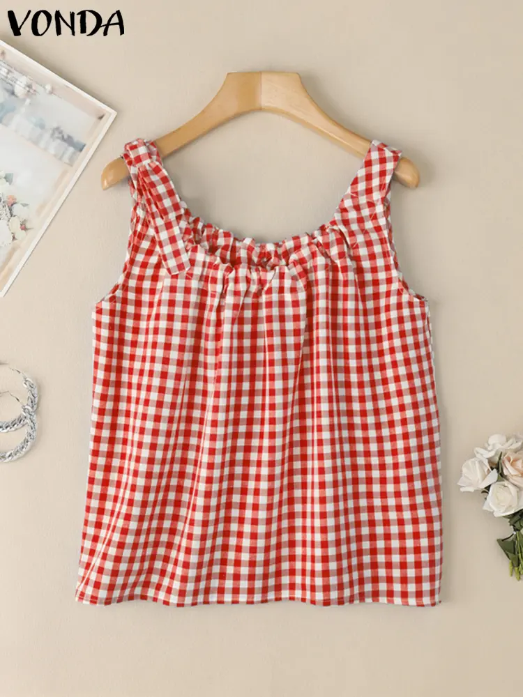 VONDA Fashion Plaid Tanks Women Summer Korean Camis 2025 Casual Sleeveless Loose Straps Tank Tops Vintage Print Blusas Tee Tunic