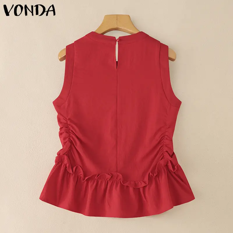VONDA Summer Tanks Tops 2025 Women Sleeveless Solid Color Round Neck Casual Loose Elegant Office Lady Shirts Fashion Tees OL