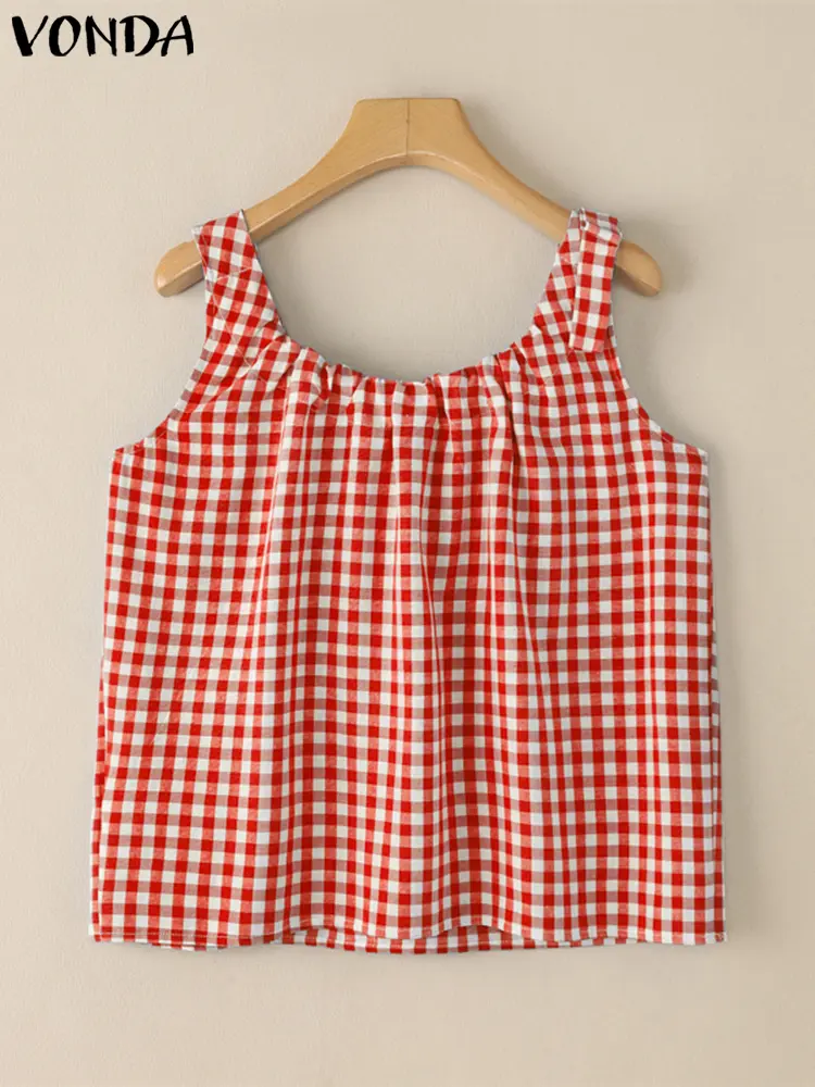 VONDA Fashion Plaid Tanks Women Summer Korean Camis 2025 Casual Sleeveless Loose Straps Tank Tops Vintage Print Blusas Tee Tunic